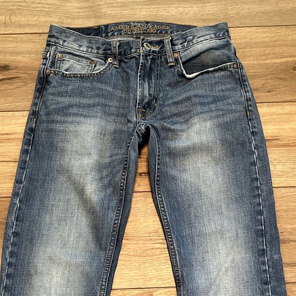 American Eagle Slim Straight Fit Denim Jeans 29x30 Blue Distressed Cotton Modern - Picture 2 of 12